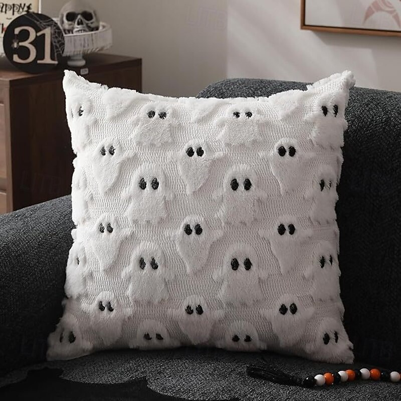 Halloween Pillow Covers White Ghost Halloween Decor Throw Pillow Cases Soft Plush Faux Fur Ghost Decor Couch Cushion Case for Bedroom Living Room Halloween Home Decor2
