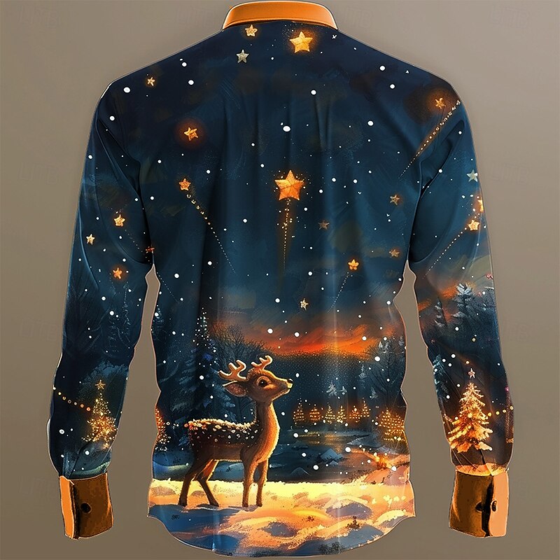Christmas Men's Santa Claus Shirt Button Up Shirt Long Sleeve Artistic Casual Party Evening Wear Daily Fall Winter Spring & Summer Shirt Collar Button Up 3D Print Blue Ink Blue Dark Blue2
