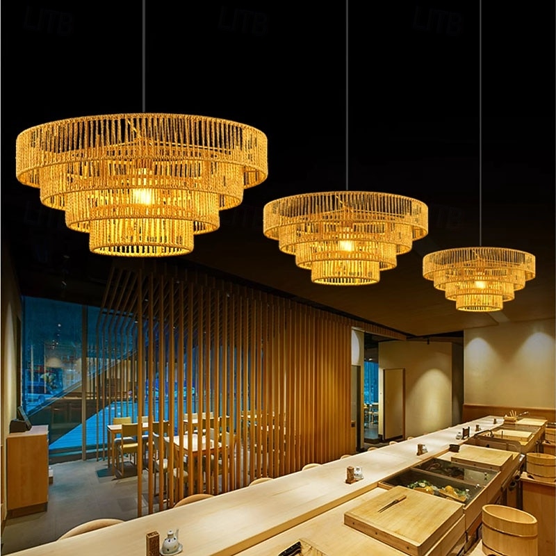 Boho Woven Chandelier Hanging Light Fixture Rattan Brass Pendant Light Wicker Wood Light Fixture Natural Wood 110-240V3