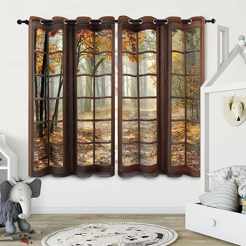 Perforated Blackout Curtains Window Forest Beautiful Scenery Insulation Outdoor Balcony Rest Living Room Home Decoration 2-piece Set 3D Digital Printing3
