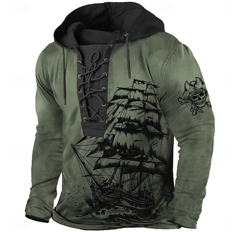 Men's Haunted Pirate Ship Pirate Hoodie Hoodies Sweatshirt Fashion Cool Long Sleeve Hooded Sports Outdoor Blue Brown Drawstring Fall Winter Designer2