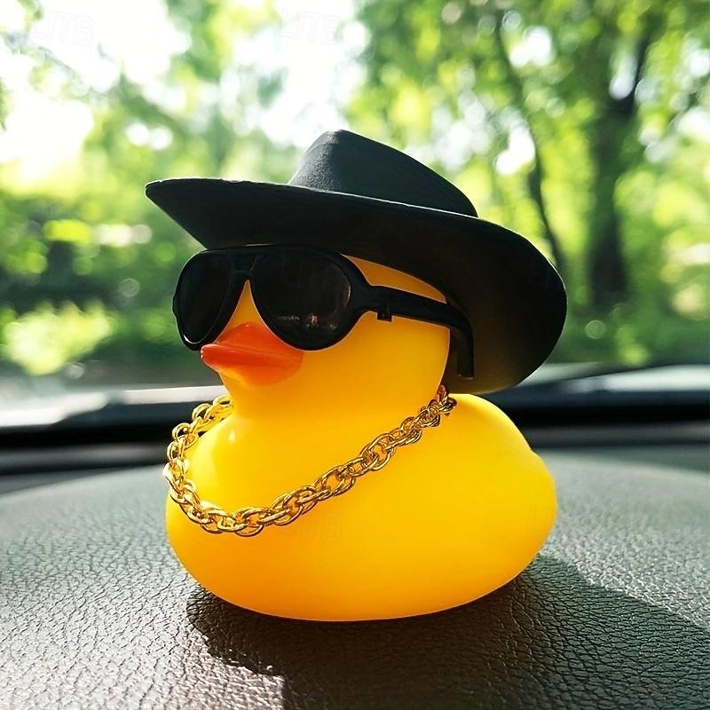 Yellow Duck Dashboard Ornament - Car Styling Accessories with Cowboy Hat, Sunglasses, and Necklace - Unique Auto Internal Decoration3