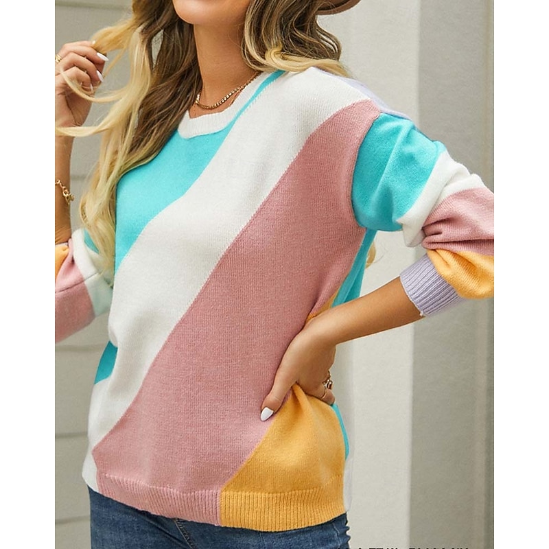 Women's Sweater Casual Geometric Print Crew Neck Knitted Long Sleeve Long Tops Knit Home Rainbow Fall Winter