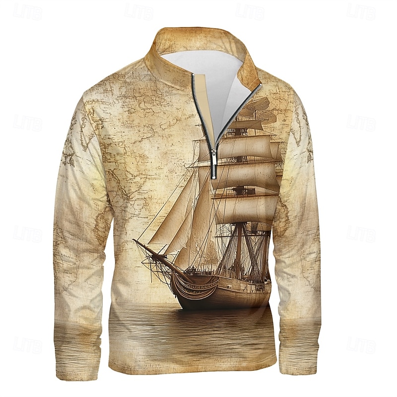 Men's Graphic Boat Hoodies Daily Casual Long Sleeve Stand Collar Vacation Going out Streetwear Light Brown Print Spring &  Fall Designer3
