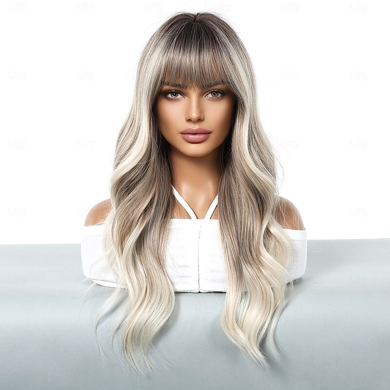 Synthetic Wig Uniforms Career Costumes Princess Curly Wavy Middle Part Layered Haircut With Bangs Machine Made Wig 24 inch Light Brown Synthetic Hair Women's Cosplay Party Fashion Brown2