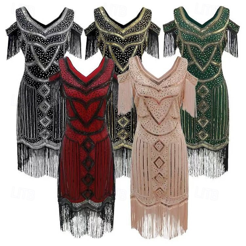 1920s Vintage Inspired Short Length Flapper Dress Party Costume The Great Gatsby Wedding Guest Sequins Sequin Tassel V Neck Fancy Dress Women's Christmas Halloween New Year Casual Daily Party