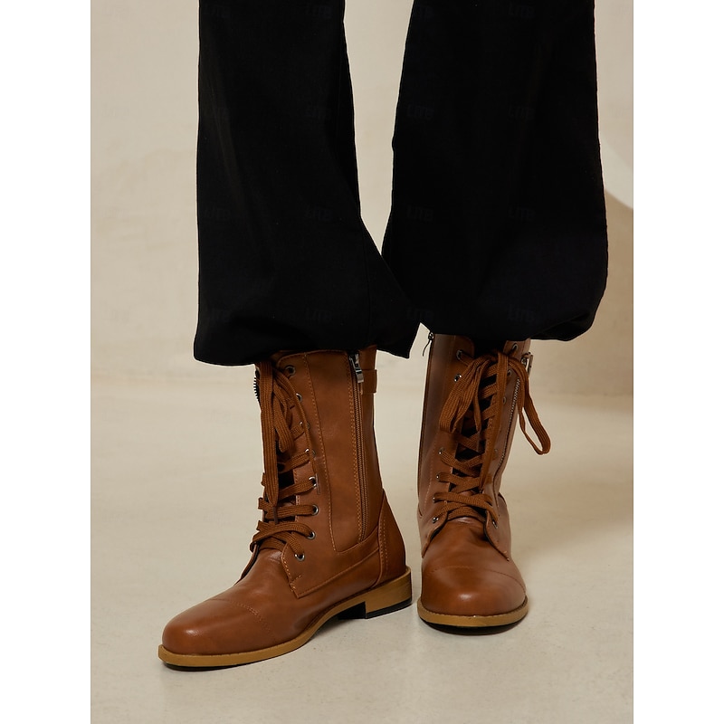 Women's Brown Lace-Up Combat Boots with Zipper Closure - Stylish and Durable Ankle Boots for Casual Wear and Outdoor Activities2