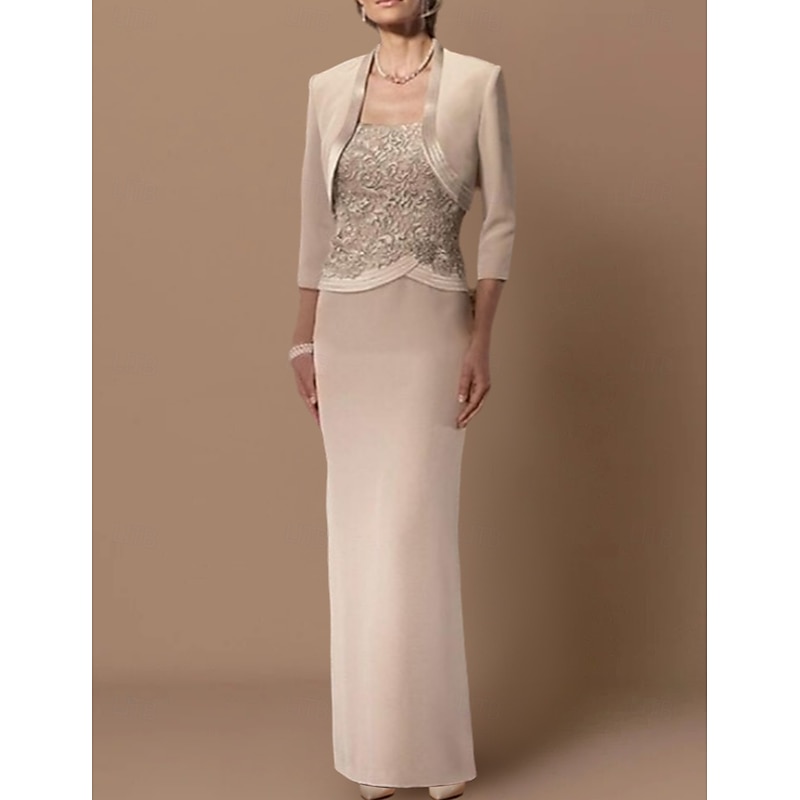 Sheath Mother of the Bride Dress Wedding Guest Elegant Plus Size Straight Neckline Floor Length Chiffon Satin Lace Sleeveless Short Jacket Dresses with Sash / Ribbon Appliques
