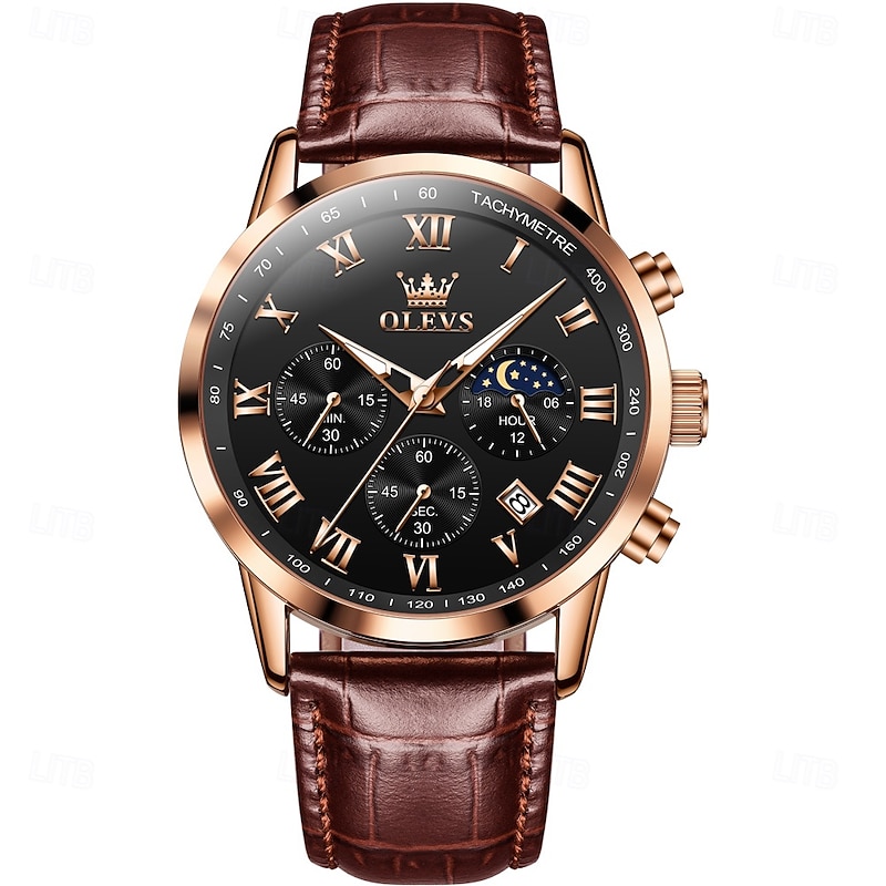 OLEVS Men Quartz Watch Outdoor Sports Fashion Wristwatch Moon phase Luminous Calendar Chronograph Leather Watch4