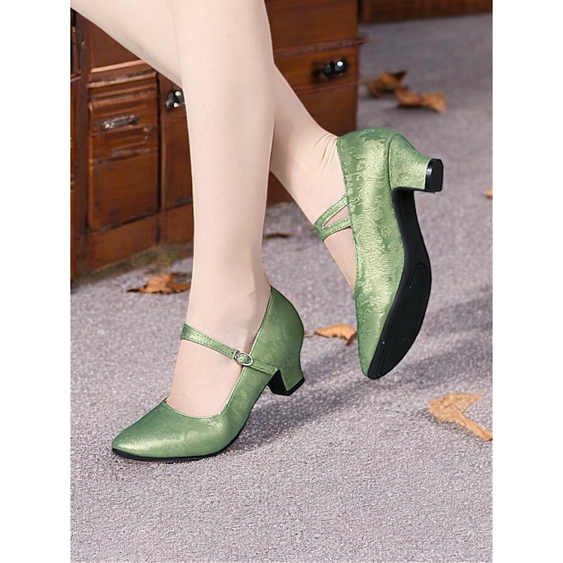 Women's Vintage Green Mary Jane Dance Shoes with Jacquard Floral Pattern and Block Heel, Perfect for Ballroom, Latin, and Formal Dance Events3