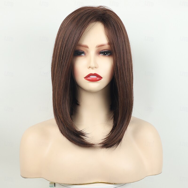 Synthetic Wig Straight Asymmetrical Wig Medium Length Brown Synthetic Hair Women's Fashionable Design Soft Natural Brown2