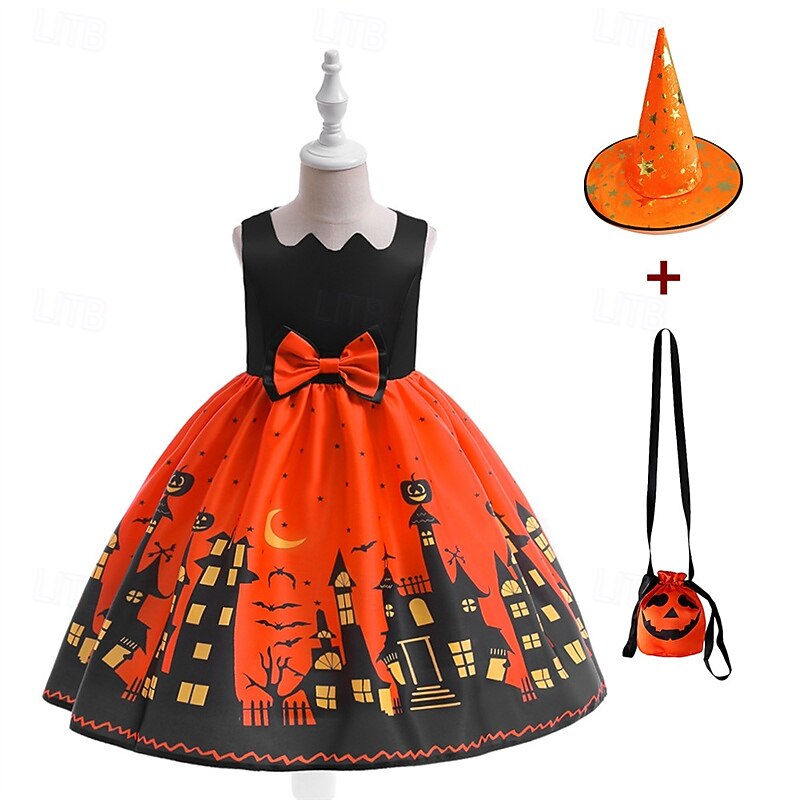 Halloween Girls' 3D Castle Dress Sleeveless Summer Spring Performance Party Birthday Beautiful Halloween Custome Kids 4-12 Years Party Dress Swing Dress A Line Dress Midi Polyester Regular Fit