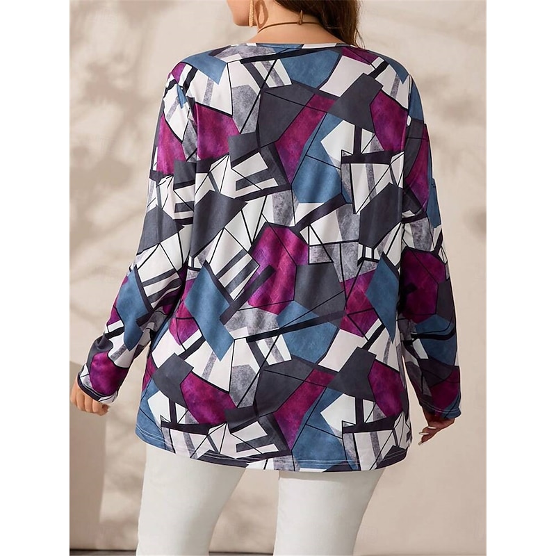Women's Plus Size Tops T shirt Tee Color Block Print Long Sleeve Crew Neck Casual Daily Fall Winter Blue2