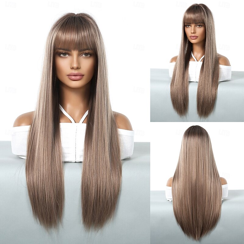 Synthetic Wig Uniforms Career Costumes Princess Straight kinky Straight Middle Part Layered Haircut With Bangs Machine Made Wig 26 inch Rose Gold Synthetic Hair Women's Cosplay Party Fashion Light