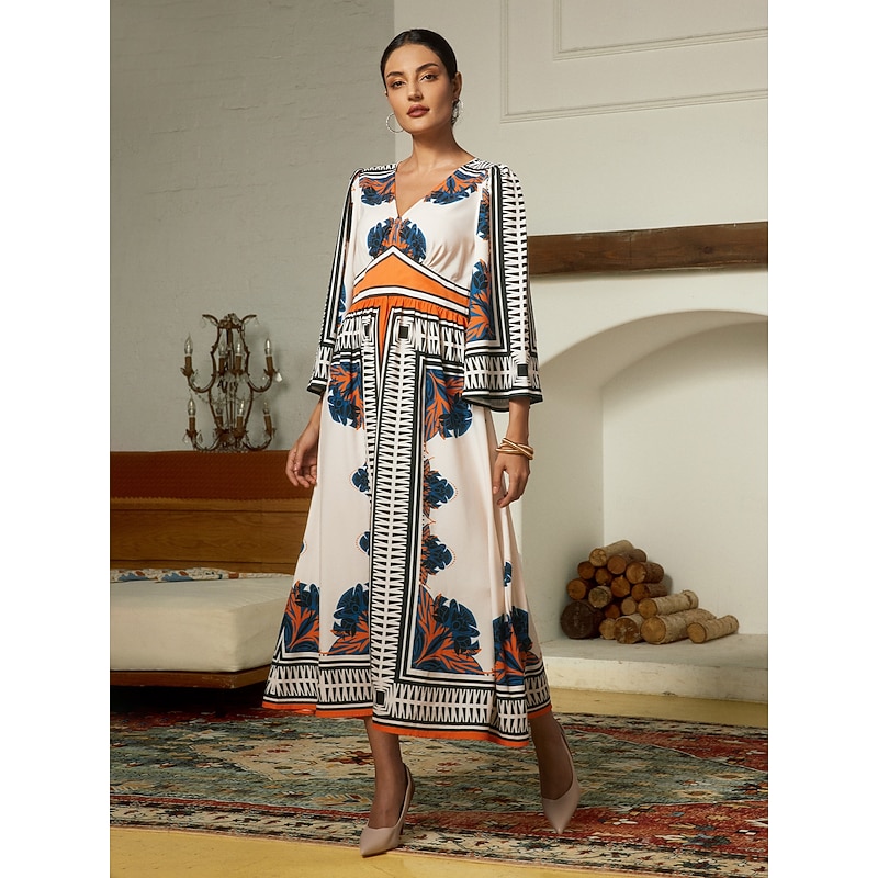 Satin Geometric Bohemia V Neck Maxi Dress4