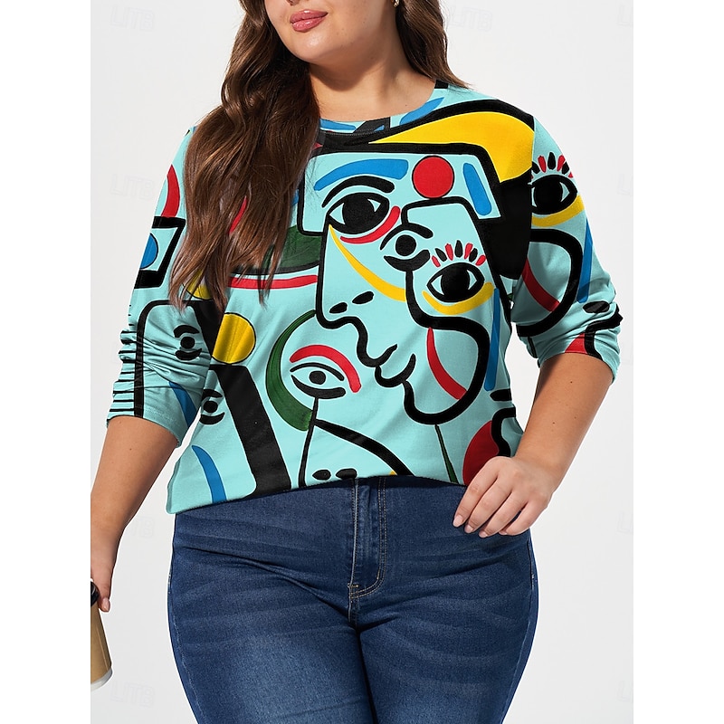 Women's Plus Size Tops T shirt Tee Abstract Print Long Sleeve Crew Neck Casual Daily Fall Winter White Pink4