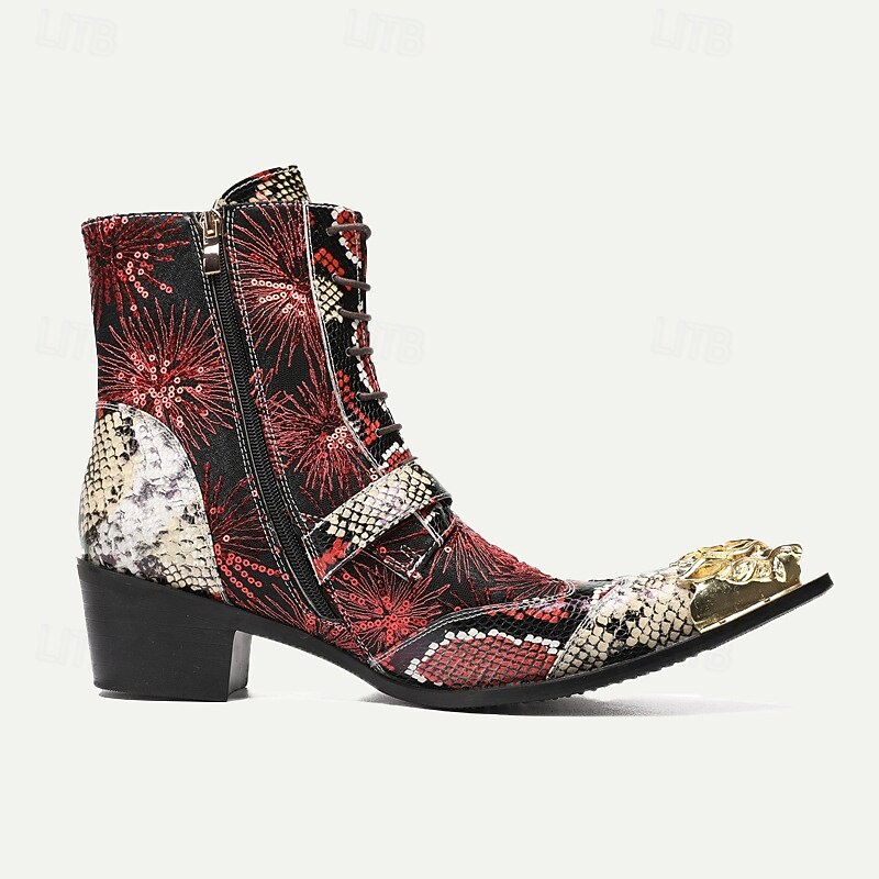 Men's Premium Cowhide Leather Lace-Up Motorcycle Boots with Gold Tip Dragon Buckle, Snakeskin and Sequin Pattern–Bold Western Style for Biker Events and Cosplay3