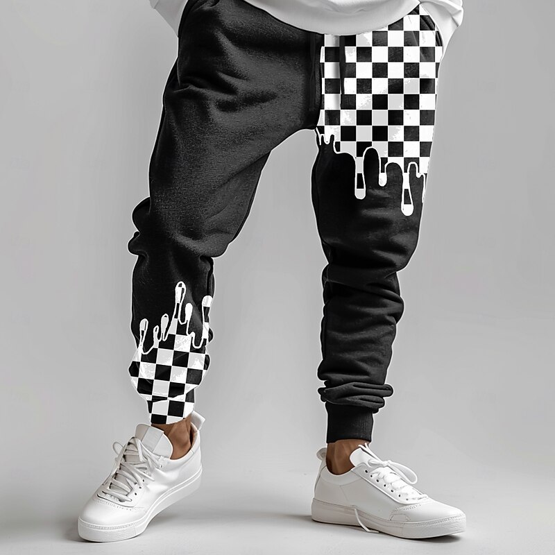 Men's Plaid / Check Sweatpants Joggers Pants Trousers Mid Waist Drawstring Elastic Waist Fashion Business Casual Street Dailywear Pocket Spring Fall Winter 3D Print Black