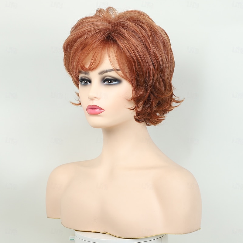 Orange Short Wigs for White Women, Brown Wig with Bangs Short Curly Pixie Cut Wigs Charming Synthetic Glueless Layered Wavy Wigs For Old Lady2