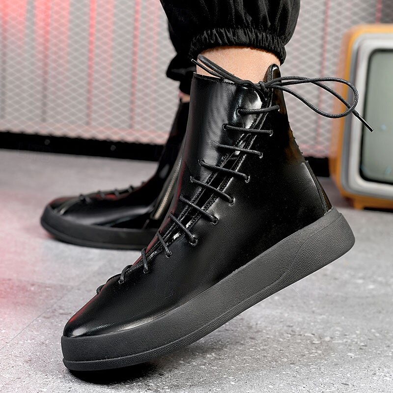 Men's Red Faux Leather High-Top Boots with Side Zipper and Lace-Up Design – Stylish Casual Footwear for Fall and Winter 26