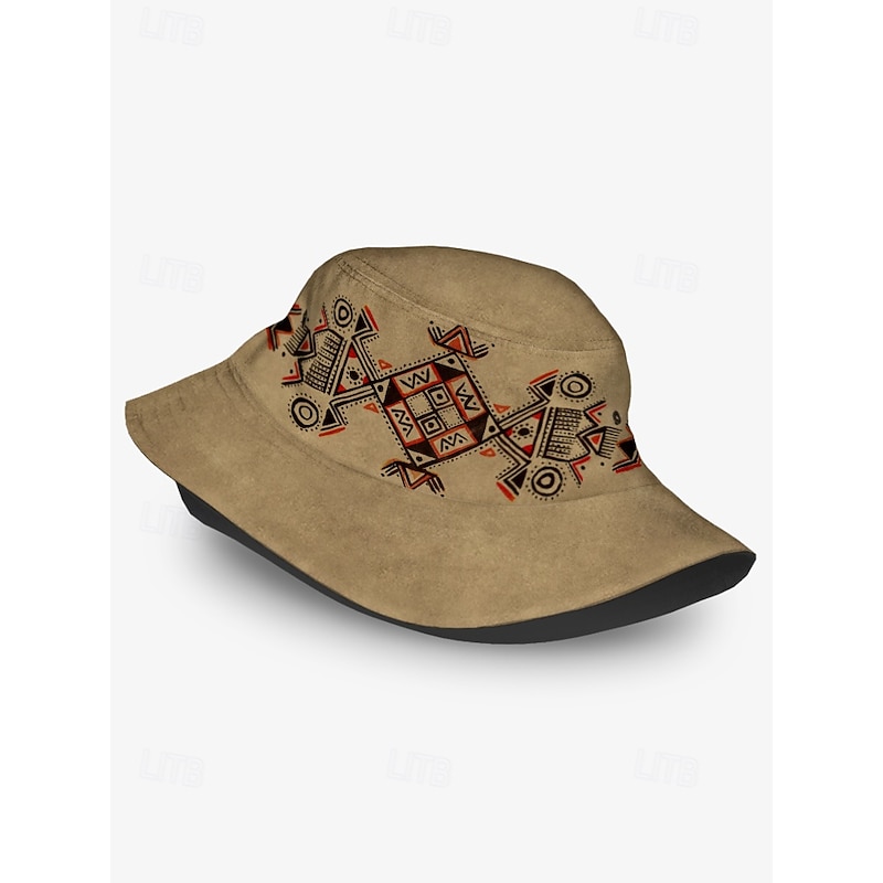Men's Beige Bucket Hat with Ethnic Geometric Print - Stylish Summer Hat for Outdoor Adventures and Festivals4