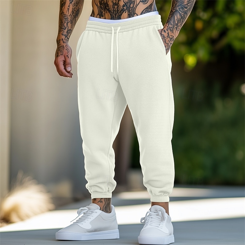 Men's Sweatpants Joggers Trousers Casual Pants Waffle Pants Drawstring Elastic Waist Plain Comfort Warm Full Length Outdoor Casual Daily Sports Fashion Black White3