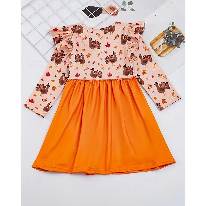 Thanksgiving Girls' 3D Graphic Animal Chick Dress Ruffle Dress Long Sleeve Summer Spring Vacation Daily Holiday Beautiful Sweet Kids 4-12 Years Casual Dress A Line Dress Knee-length Regular Fit2