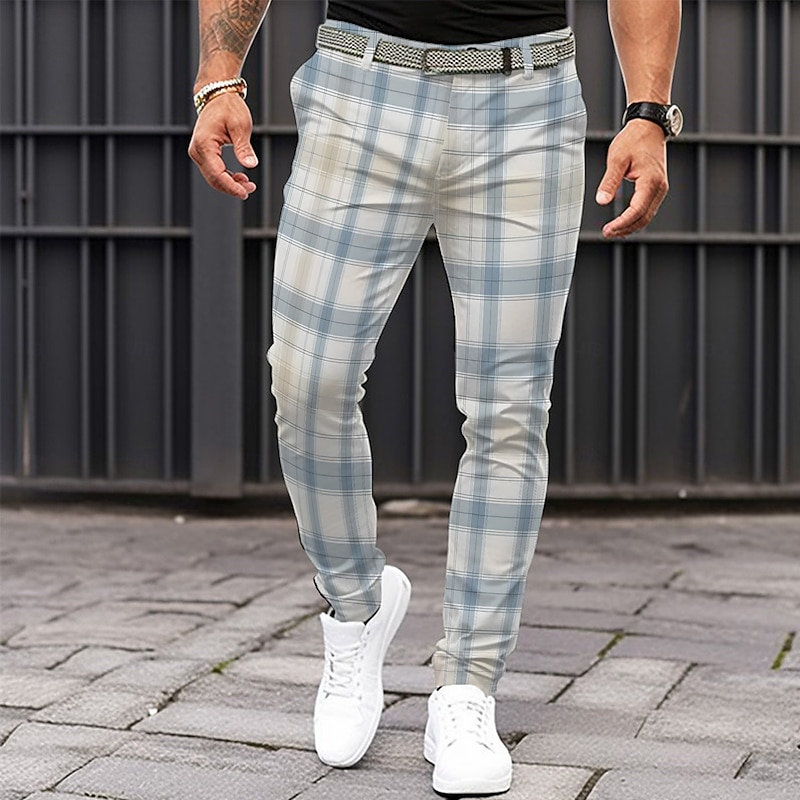 Men's Plaid Dress Pants Mid Waist Business Casual Formal Dailywear Pocket Summer Spring Fall Light Blue