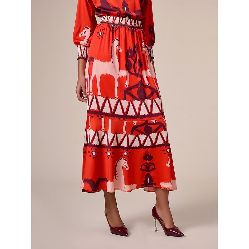 Chiffon Orange Printing Elegant Bohemia Midi Skirt4