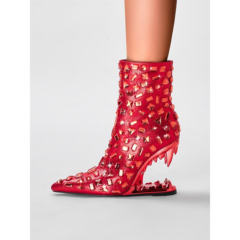 Women's Red Studded Ankle Boots with Unique Cut-Out Heels – Statement High Heels for Fashion Events and Parties