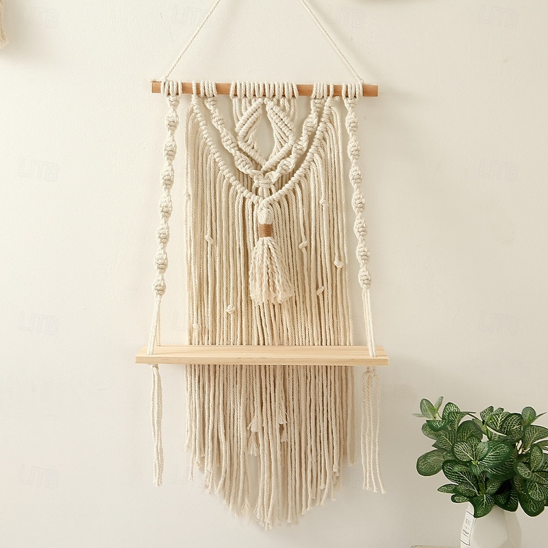Macrame Wood Floating Shelves Handmade Woven Bohemian Wall Shelves Tapestry Cotton Woven Rope Hanging Shelves Decorative Storage Racks Holder Organizer Boho Decor For Home Bedroom Bathroom Plants3