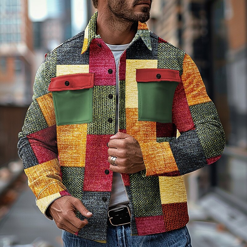 Men's Color Block Geometric Pattern Cowboy Shirt Jacket Overshirt Long Sleeve Vintage Casual Daily Wear Going out Fall & Winter Collared Shirts Buttons 3D Print 2 Pockets Multi Color