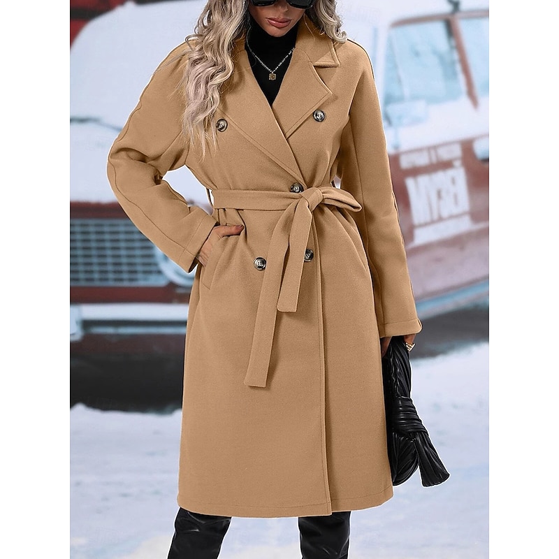 Women's Winter Coat Windproof Warm Buttons With Belt Elegant Outdoor Solid Color Work Casual Double Breasted Turndown Loose Fit Long Sleeve Outerwear Black Red Khaki Fall Winter3
