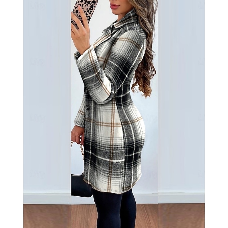 Women's Overcoat Thickened Button Down Winter Lattice Print  Lapel Coat for women2