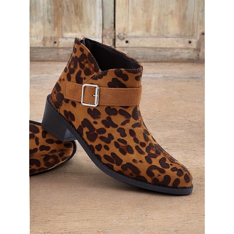 Women's Leopard Print Ankle Boots with Buckle Strap, Casual Western Style, Comfortable Low Heel for Everyday Wear
