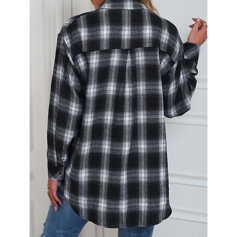 Women's Shirt Jacket Shacket Warm Breathable Buttons Pocket Print Casual Plaid Vacation Street Daily Wear Going out Single Breasted Regular Turndown Regular Fit Long Sleeve Outerwear Black Red Green2