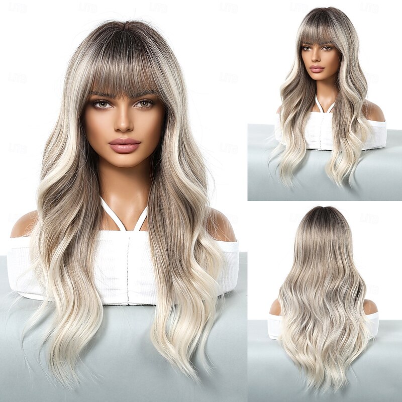 Synthetic Wig Uniforms Career Costumes Princess Curly Wavy Middle Part Layered Haircut With Bangs Machine Made Wig 24 inch Light Brown Synthetic Hair Women's Cosplay Party Fashion Brown