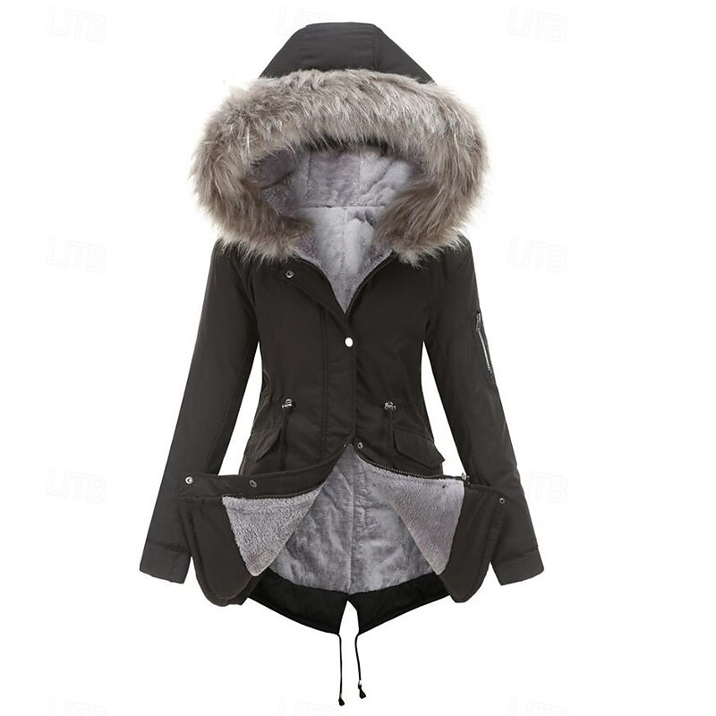 Women's Winter Coat Windproof Warm Zipper Outdoor Solid Color Work Casual Zipper Hoodie Loose Fit Long Sleeve Outerwear Black Red Green Winter3