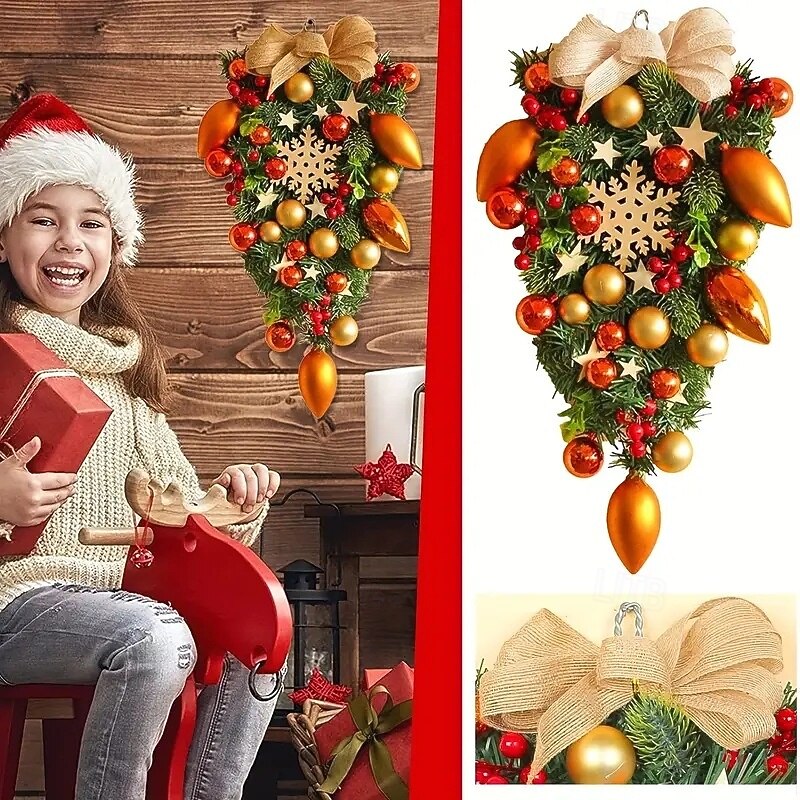 Christmas Swag Christmas Wreath Outdoor for Front Door Winter Wreath Window Wall Decoration- 50*30cm Creative Wall Decor, Window Display, Festive Bow and Vine Door Hanging Ornament4