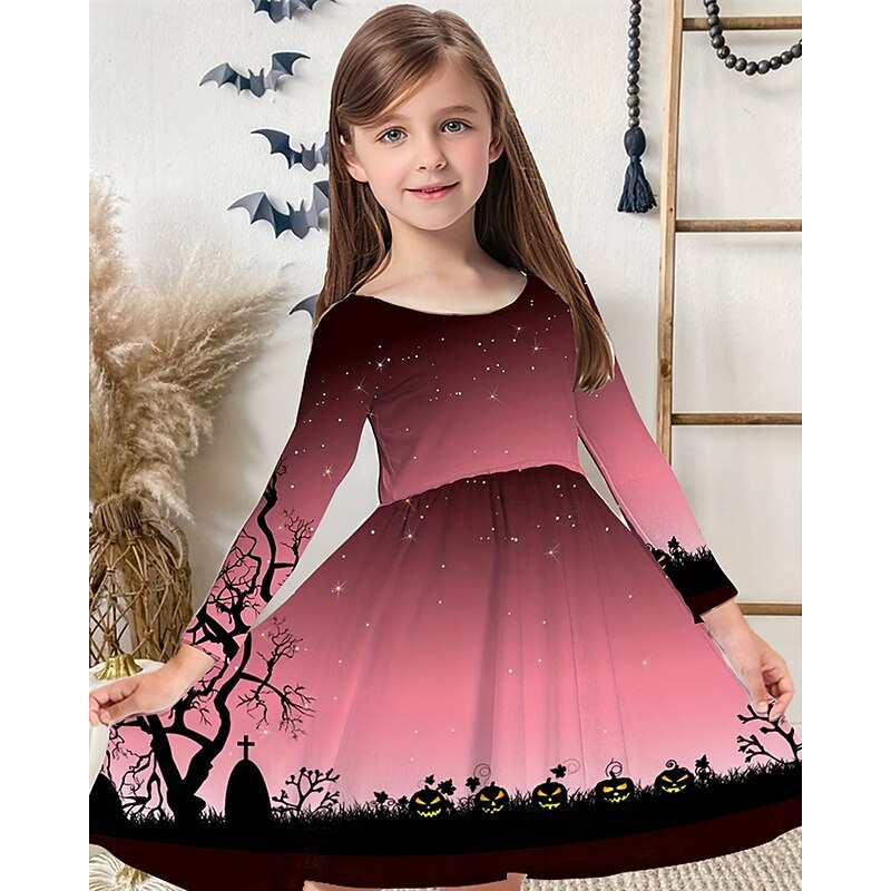 Girls' 3D Graphic Halloween pumpkin Dress Long Sleeve Summer Spring Vacation Daily Holiday Beautiful Sweet Kids 4-12 Years Casual Dress A Line Dress Knee-length Regular Fit
