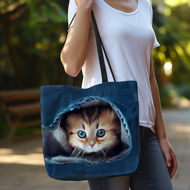 Women's Cute Kitten Print Tote Bag - Durable Canvas Shopping Bag with 3D Cat Design for Cat Lovers and Everyday Use4