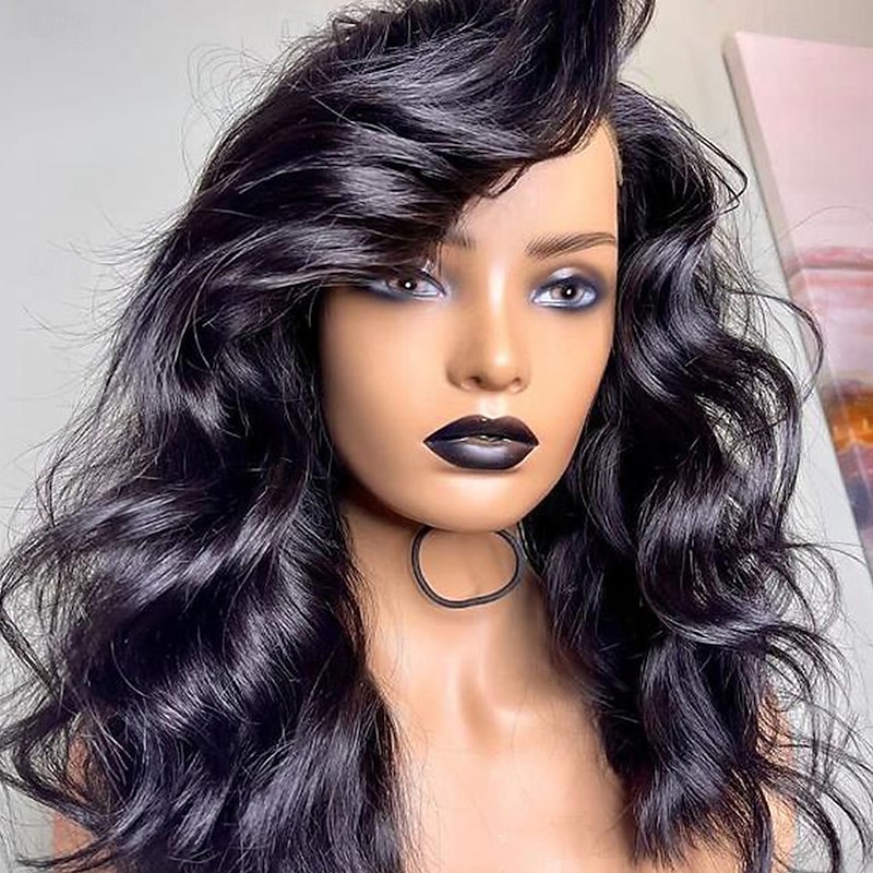 Remy Human Hair 13x4 Lace Front Wig Side Part With Bangs Brazilian Hair Wavy Black Wig 130% 150% Density 100% Virgin Glueless Pre-Plucked For Women Long Human Hair Lace Wig4