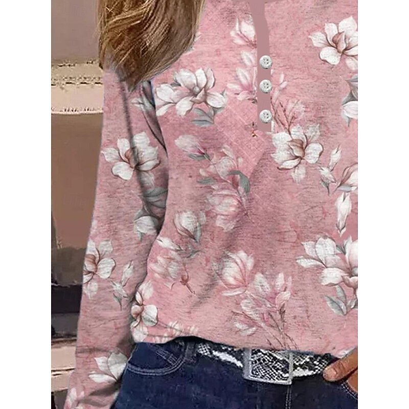 Women's T shirt Long Sleeve Striped Daily Casual Long Sleeve V Neck Regular Tops Daily Holiday Buttons Pink Red Gray Spring Fall Winter Prefall 5