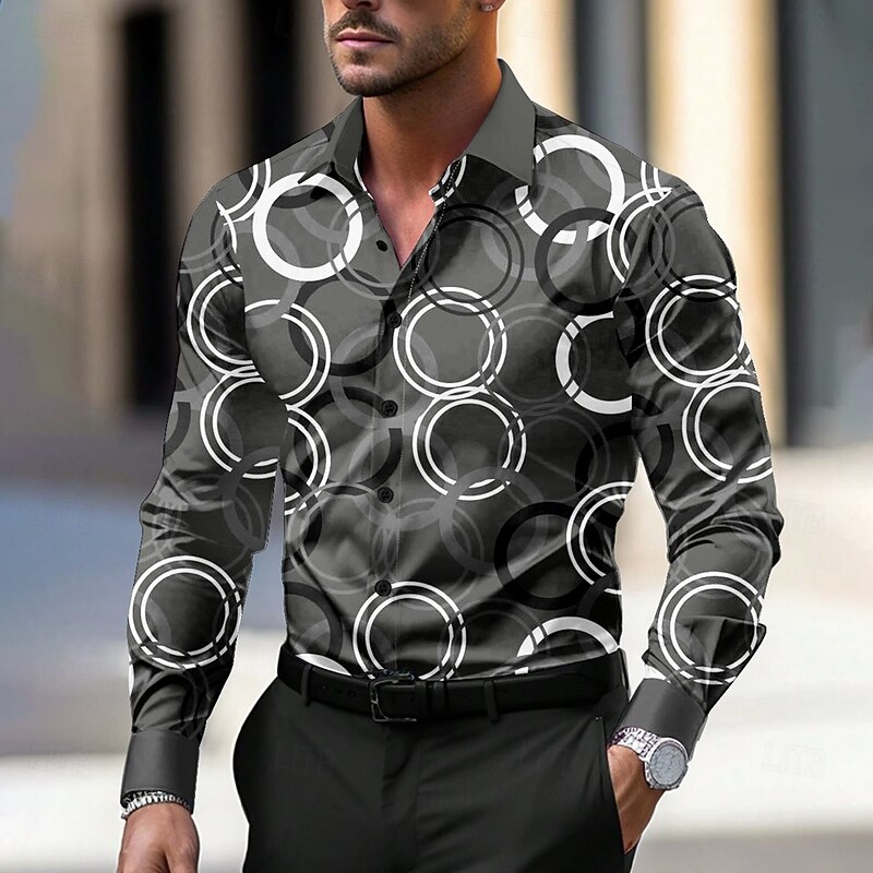 Men's Circle Geometric Pattern Dress Shirt Button Up Shirt Long Sleeve Casual Business Casual Business Daily Fall Winter Spring & Summer Shirt Collar Button Up 3D Print Black