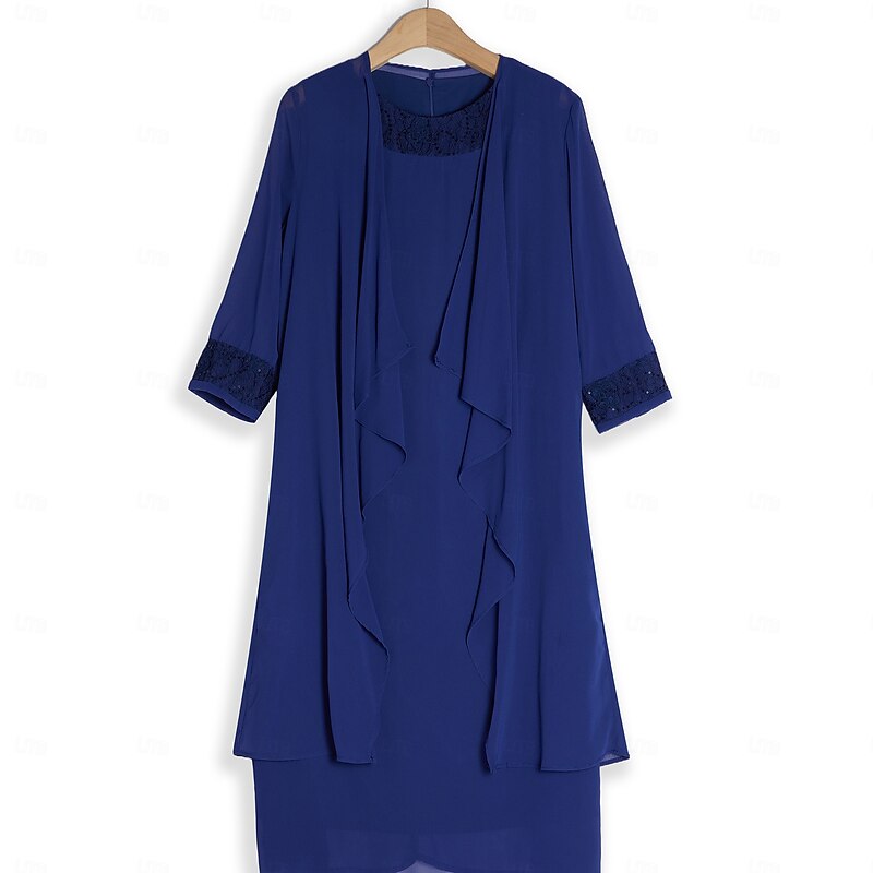 Women's Wedding Guest Cocktail Dress Chiffon Daily Fashion Patchwork Sequin Casual   Elegant Two Piece Dress Set Fall Winter Midi Dress Crew Neck 3/4 Length Sleeve Plain Navy Blue2