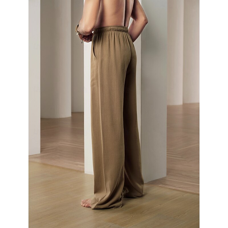Men's 40% Linen Pants Trousers Baggy Beach Pants Black Brown Elastic Drawstring Design Front Pocket Solid Color Comfort Soft Yoga Daily Fashion Streetwear3