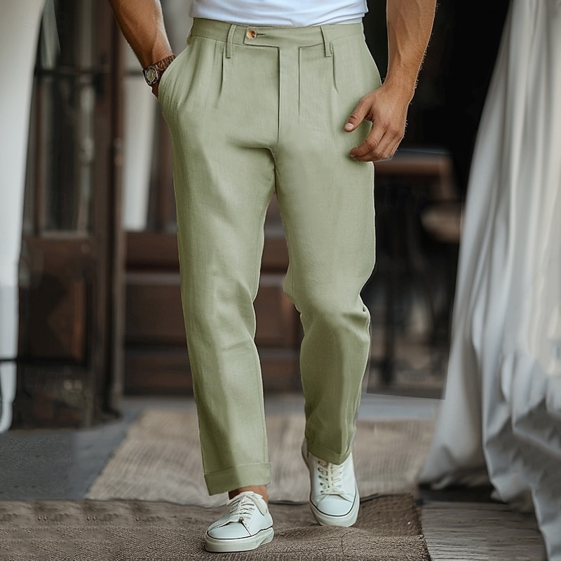 Men's Linen Pants Chinos Solid Color Full Length Wedding Party Outdoor Elegant Vacation Black White Micro-elastic