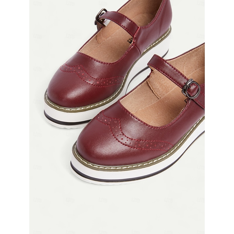 Women's Red Mary Jane Platform Shoes with Brogue Detailing and Buckle Strap – Vintage Style Casual Footwear for Daily Wear4