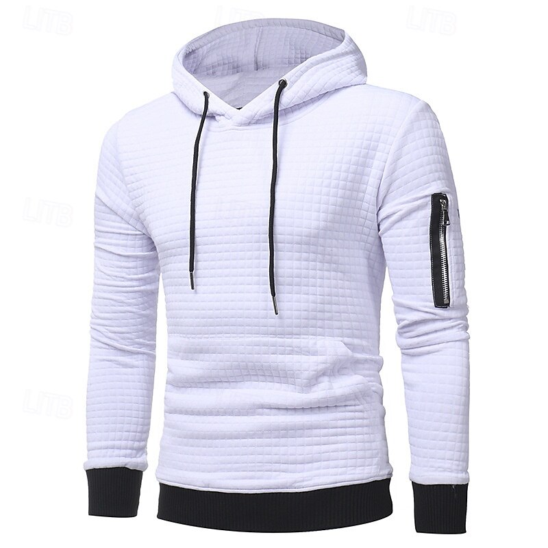 Men's Hoodie Black White Light Grey Dark Gray Hooded Plain Drawstring Ribbed Front Pocket Sports & Outdoor Daily Holiday Polyester Textured Streetwear Basic Casual Spring &  Fall Clothing Apparel2