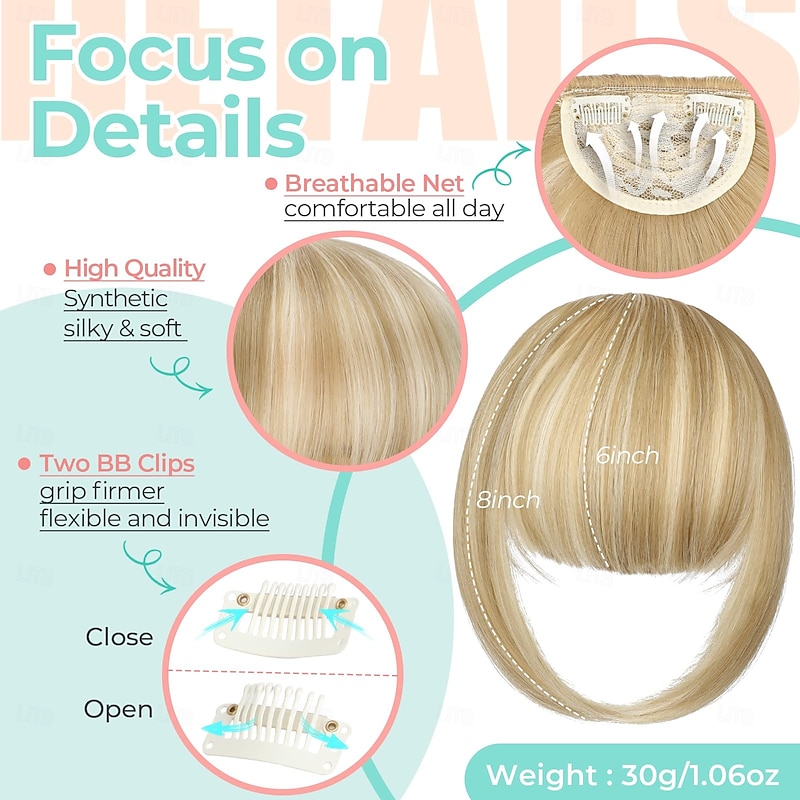 Clip in Bangs, Synthetic French Bangs Hair Clip Fake Bangs Fringe with Temples Hairpieces for Women Natural Bangs Clip in Hair Extensions for Daily Wear4